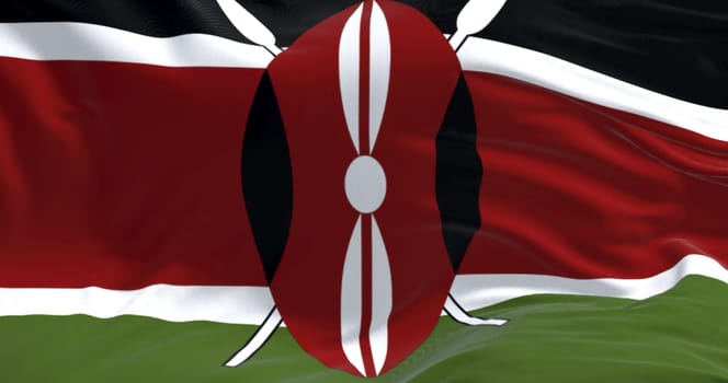 Close-up of Kenya national flag waving. Black, red, and green bands separated by white lines, with a black Masai shield on two spears in the center. 3d illustration render. Fluttering fabric