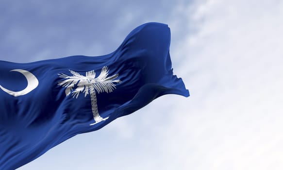 South Carolina state flag waving in the wind. Blue field with white palmetto tree and crescent. US state. Rippled fabric. 3d illustration render. Rippling fabric