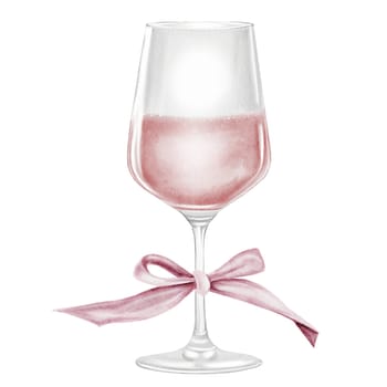 Glass of wine watercolor illustration. Drink alcoholic pink sparkling with a bow on the stem. Clip art drinks. Wine shop booklets. Ideal for restaurant menus, posters and advertising signs. High quality illustration