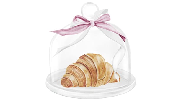 Croissant and cloche watercolor illustration. Hand drawn fresh french bun in a glass dome with a bow. Food clip art. Ideal for bakery prints, postcards and pastry shop posters. High quality illustration