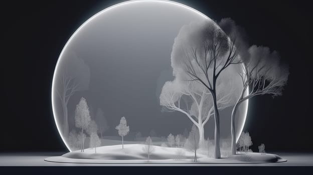 Interior with circular architecture form in 3D style. Abstract room with arc element and trees. Generated AI