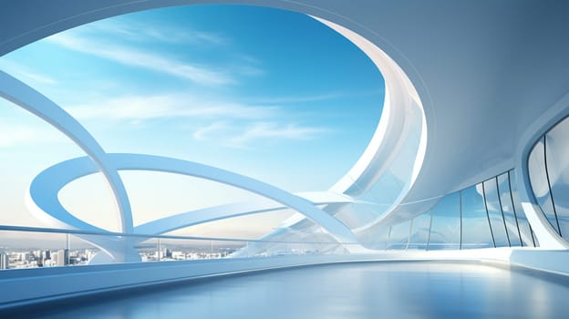 Abstract architecture scene with smooth curves. Abstract background with futuristic building in white and blue colors. Generated AI