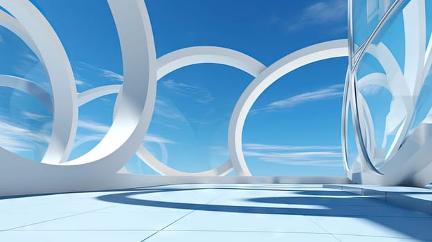 Abstract architecture scene with smooth curves. Abstract background with futuristic building in white and blue colors. Generated AI