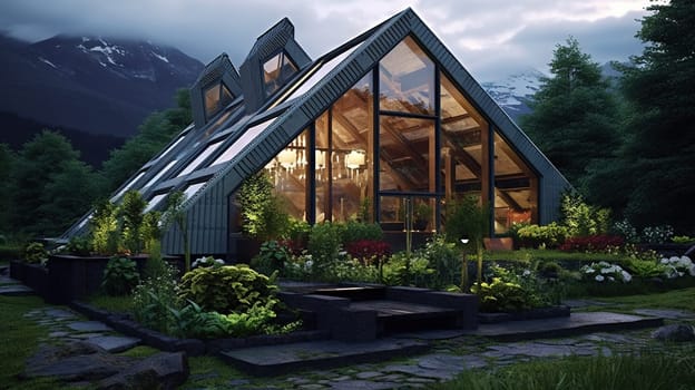 Abstract biomimetic architecture design influenced by nature and geometric forms. Sustainable building, healthy home in the forest. Generated AI