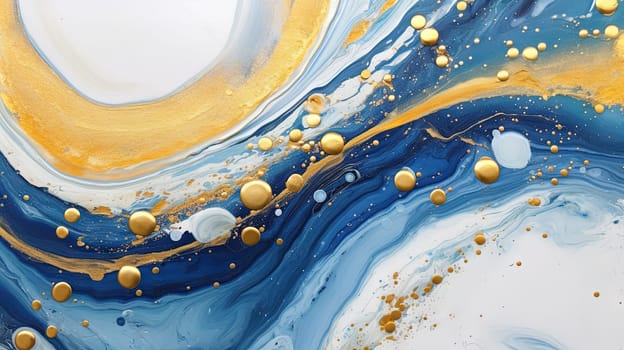 Abstract artistic background with blue marble and golden paint stains. Generated AI