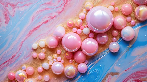 Abstract artistic background with pearlescent pink marble and holographic golden paint stains. Generated AI