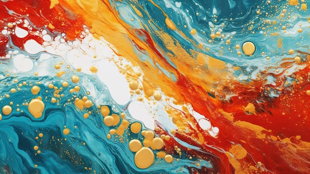 Abstract artistic background with teal and red marble with golden paint stains. Generated AI