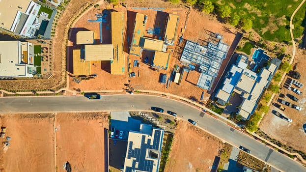 Aerial view of a suburban construction site in Lake Las Vegas Nevada shows new homes rising amid modern residences and open land capturing real estate growth and neighborhood transformation