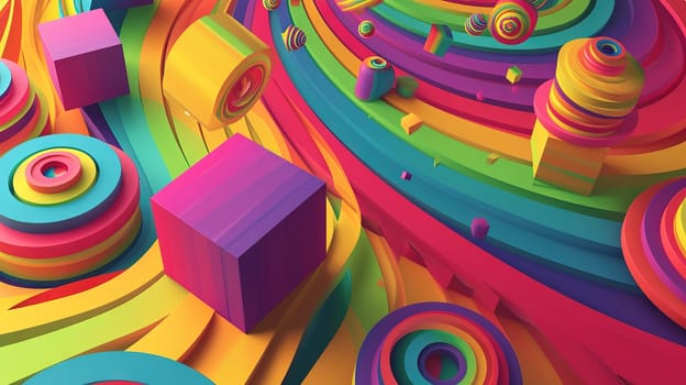 Abstract background with colorful 3D shapes scattered in geometric composition. Generated AI.