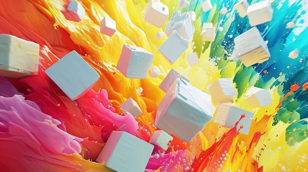 Abstract white cubes flying into color burst of paint. Generated AI.