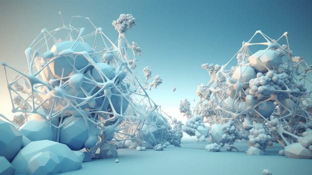 Abstract digital landscape with floating geometric spheres and wireframe structures in a surreal environment. Generated AI.