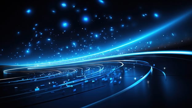 Abstract neon rays and lines on dark science and tech background. Generated AI