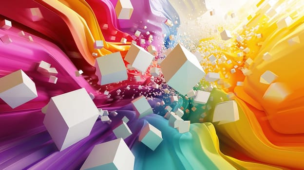 Abstract white cubes flying into color burst of paint. Generated AI.