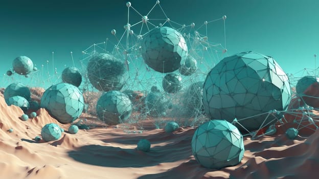 Abstract scfi-fi landscape with connected 3D balls and molecular grid structure. Futuristic surreal abstraction. Generated AI