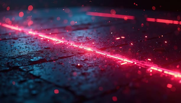 Abstract digital landscape with glowing neon waves and particles in vibrant colors. Generated AI.