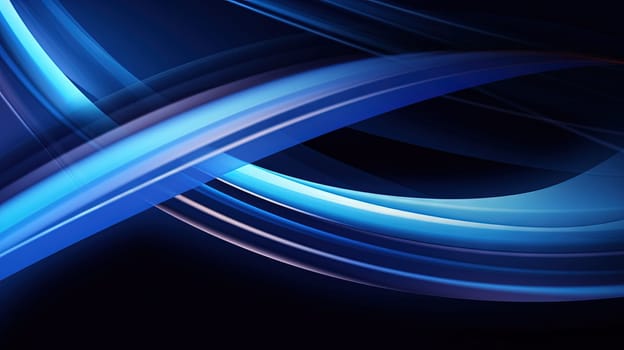 Abstract blue neon light trails and digital waves on dark background for tech and business design themes. Generated AI