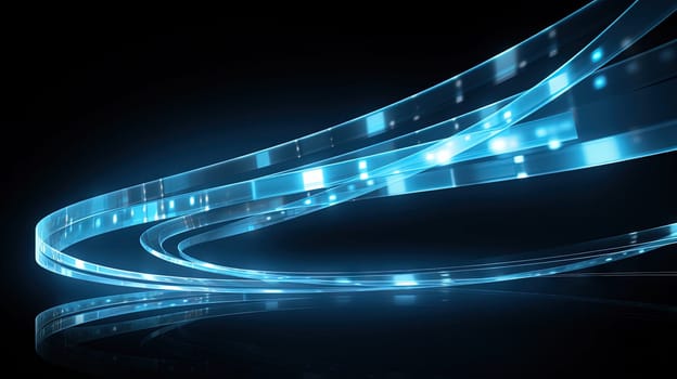 Abstract blue neon light trails and digital waves on dark background for tech and business design themes. Generated AI