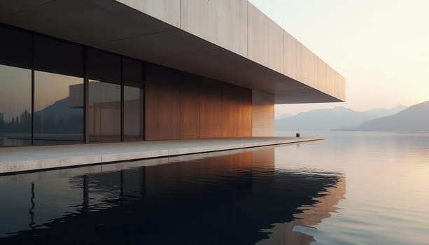 Modern architectural design with cantilevered concrete and metal structure over water under cloudy sky. Generated AI.