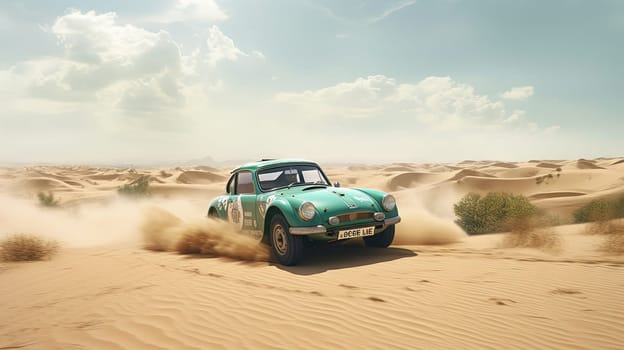 Vintage rally car in desert splashing the dirt in retro racing styled scene. Generated AI.