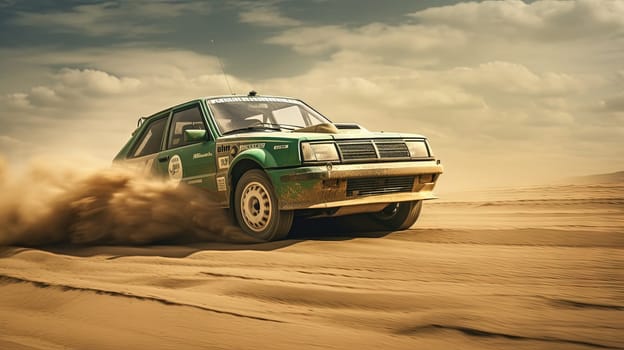 Vintage rally car in desert splashing the dirt in retro racing styled scene. Generated AI.