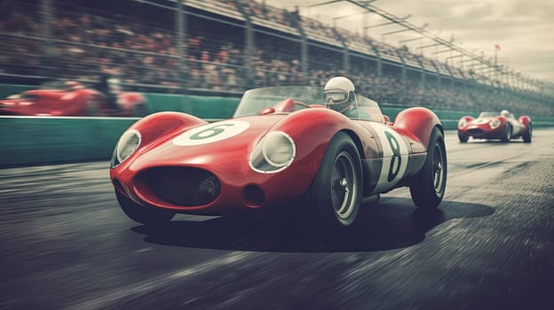 Vintage racing car on the track. Retro auto sport event with fast classic cars. Generated AI