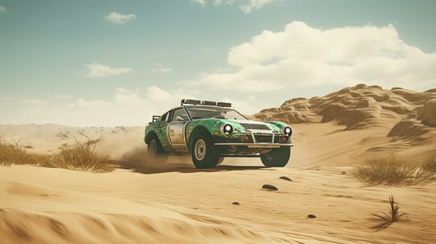 Vintage rally car in desert splashing the dirt in retro racing styled scene. Generated AI.
