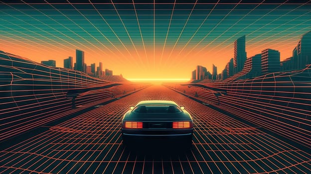 Retro styled car in high speed drive to horizon. Retro futuristic landscape with car in day time. Generated AI.