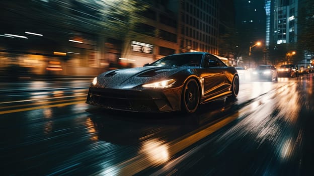 Street racing scene with sport car in neon lights. Speed lines and light trails of night urban drive. Generated AI