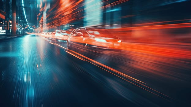 Street racing scene with sport car in neon lights. Speed lines and light trails of night urban drive. Generated AI