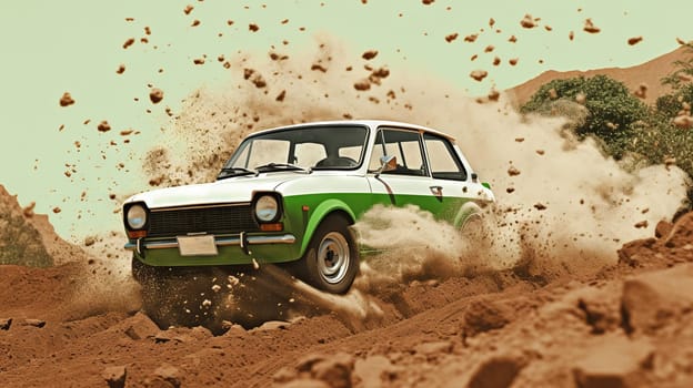 Vintage rally car splashing the dirt in retro 70s styled scene. Generated AI