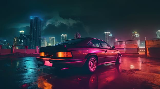 Futuristic car on the cybeprunk street in blue and purple synthwave colors. Cool retro supercar on synthwave street. Generated AI