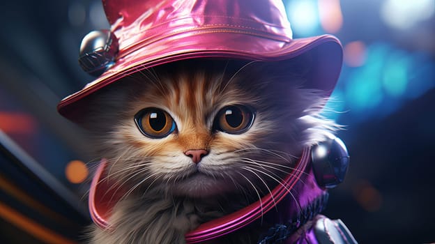 Party cat in neon colors. Funny kitten with holographic hat in 90s style neon lights. Generated AI