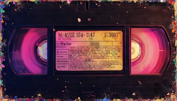 Vintage video cassette with 80s color theme, retro analog tape VHS cassette close up. Generated AI.