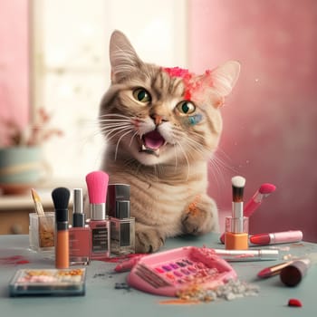 Cat playing with cosmetics in beauty and fashion concept. Generated AI