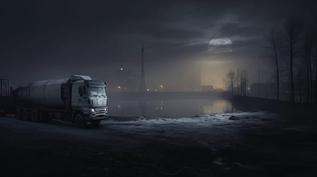 Cargo truck driving in the night or sundown. Transportation industry scene with long haul car. Generated AI