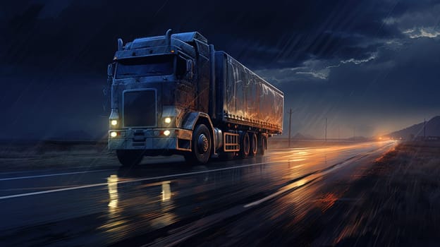 Cargo truck driving in the night or sundown. Transportation industry scene with long haul car. Generated AI
