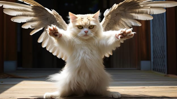 Cat with angel wings. Playful funny cute kitten with bird wings. Generated AI