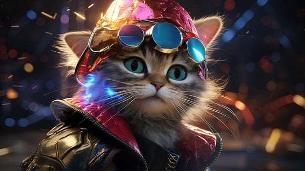 Party cat in neon colors. Funny kitten with holographic hat in 90s style neon lights. Generated AI.