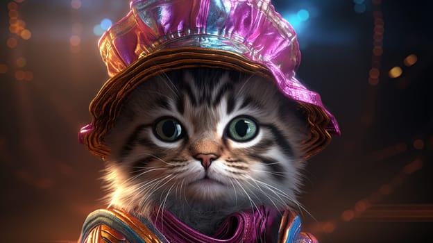Party cat in neon colors. Funny kitten with holographic hat in 90s style neon lights. Generated AI