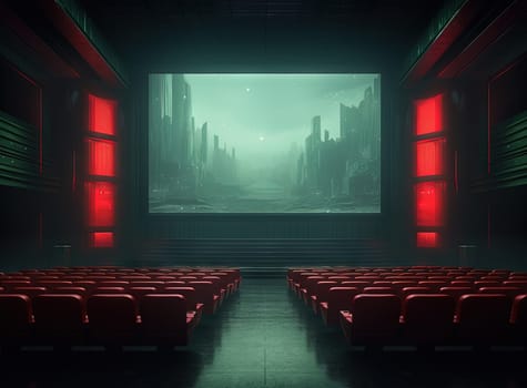 Cinema theater with movie scene on wide screen and empty chairs in the cinema hall. Generated AI.
