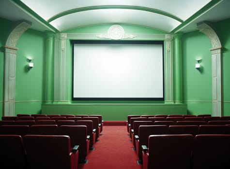 Cinema interior with seats and white screen. Movie theater room with chairs. Generated AI