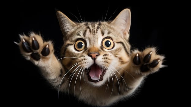Funny cat with surprised face expression. A cute kitten asks in surprise where the treats are. Generated AI