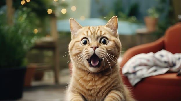Funny cat with surprised face expression. A cute kitten asks in surprise where the treats are. Generated AI