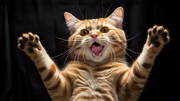 Funny surprised cat with a questioning pose. A cute kitten asks in surprise where the treats are. Generated AI