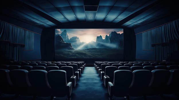 Cinema theater with movie scene on wide screen and empty chairs in the cinema hall. Generated AI.