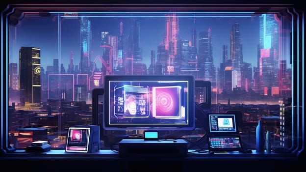 Neon technology city business concept with skyscraper buildings and virtual network connection. Generated AI