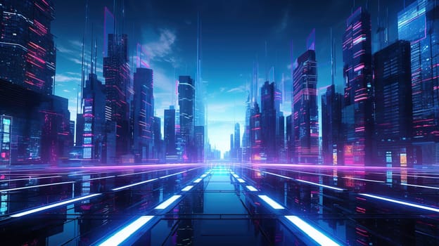 Neon technology city business concept with skyscraper buildings and virtual network connection. Generated AI