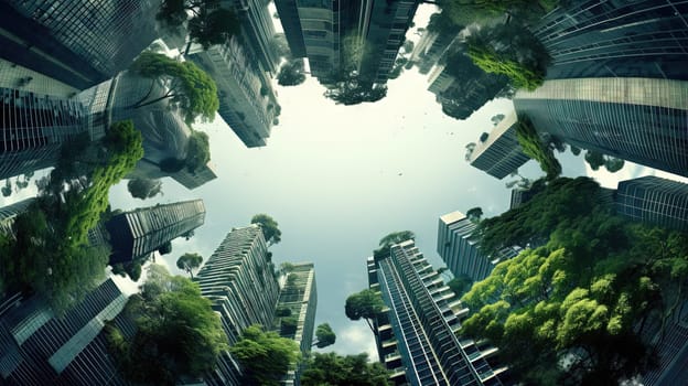 Retro futuristic cityscape flooded with green plants. Green technology. Environmental technology concept. Sustainable development goals. Generated AI.
