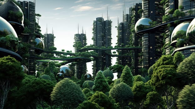 Retro futuristic cityscape flooded with green plants. Green technology. Environmental technology concept. Sustainable development goals. Generated AI.