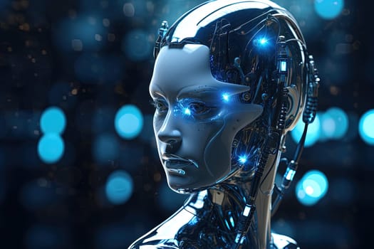 Cyborg or digitally improved human. Artificial intelligence and technology concept with advanced woman. Generated AI
